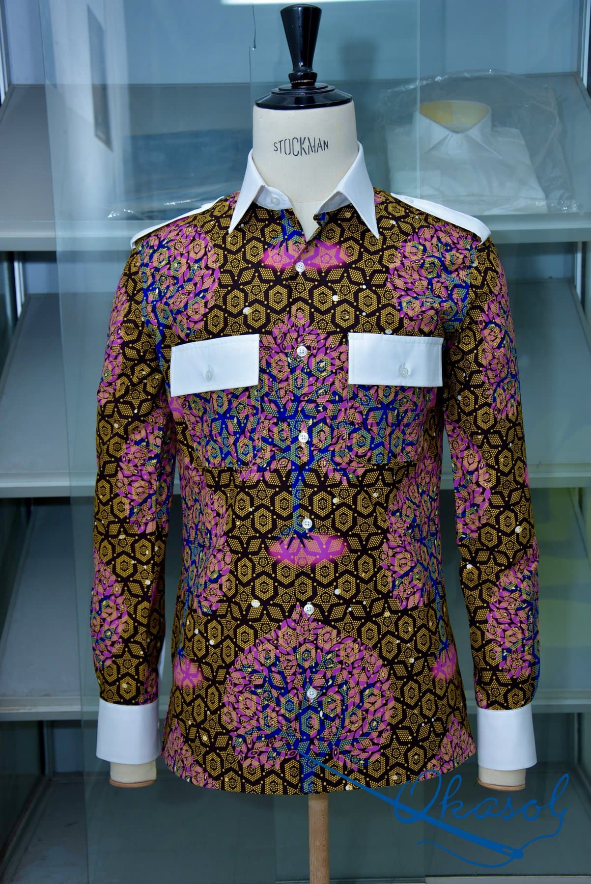 Chemise wax magenta & ambre, col & poches blanches