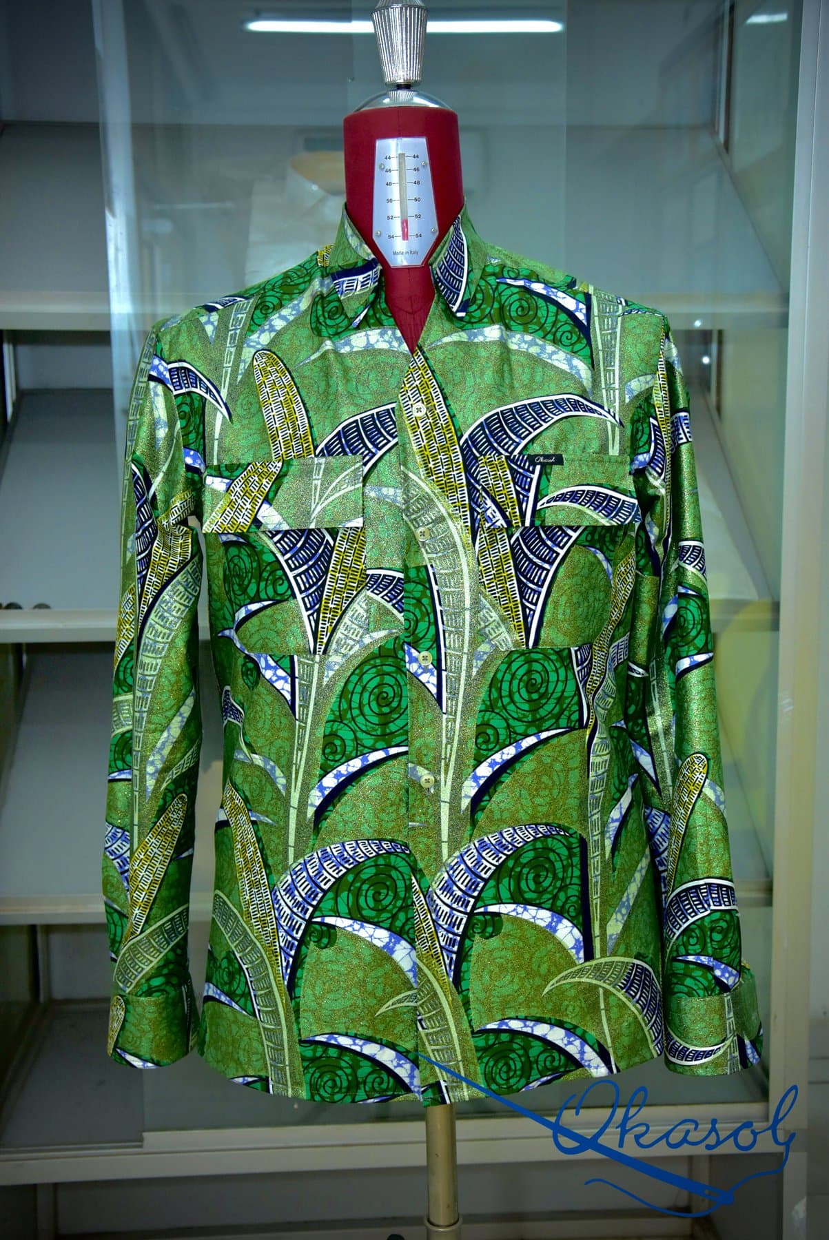 Chemise wax verte, motif fronde dorée